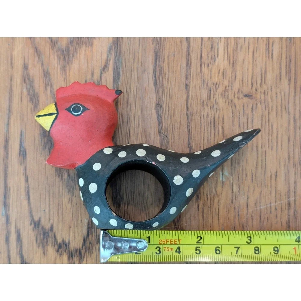 Vintage‎ Hand Painted Wooden Chicken Napkin Rings 4 Black Polka Dot Folk Art